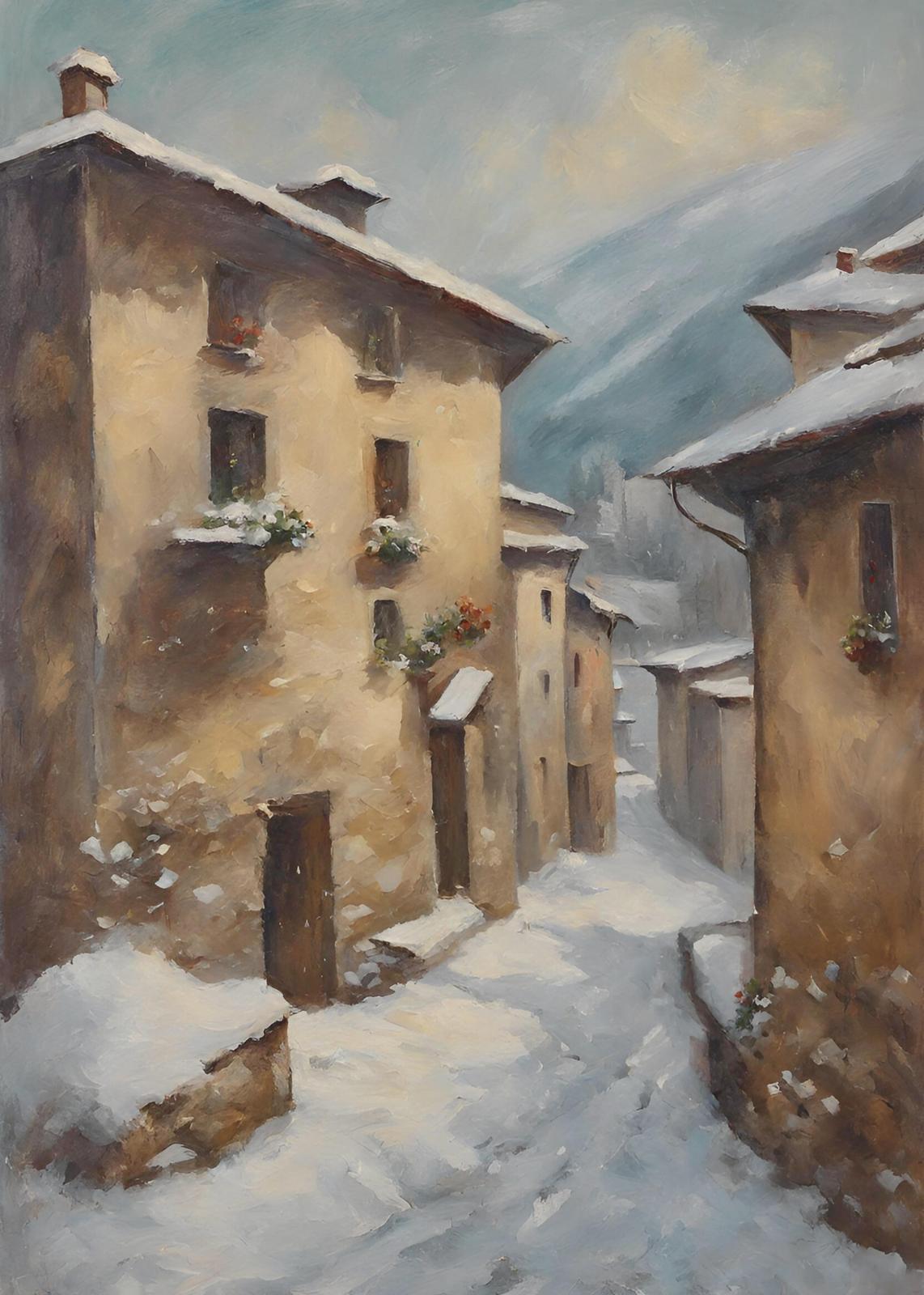Cozy Winter Village Street Scene Wall Art