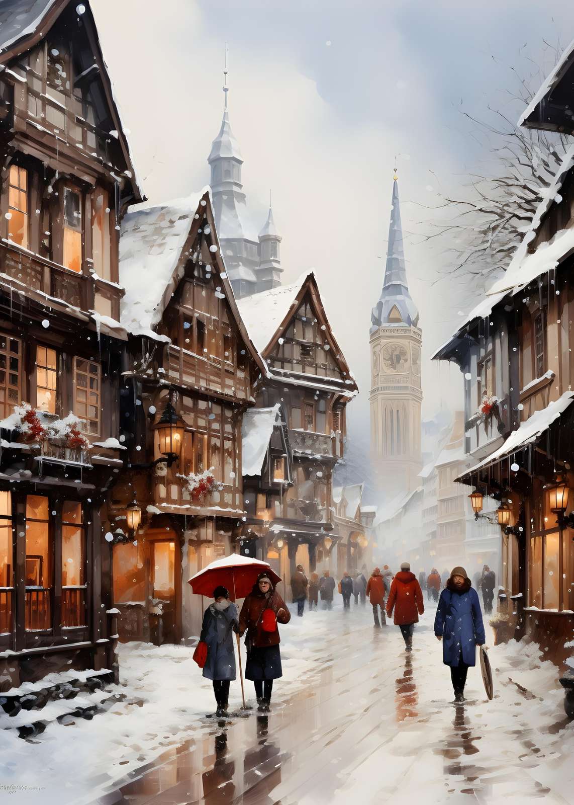 Cozy Winter Village Street Scene Wall Art