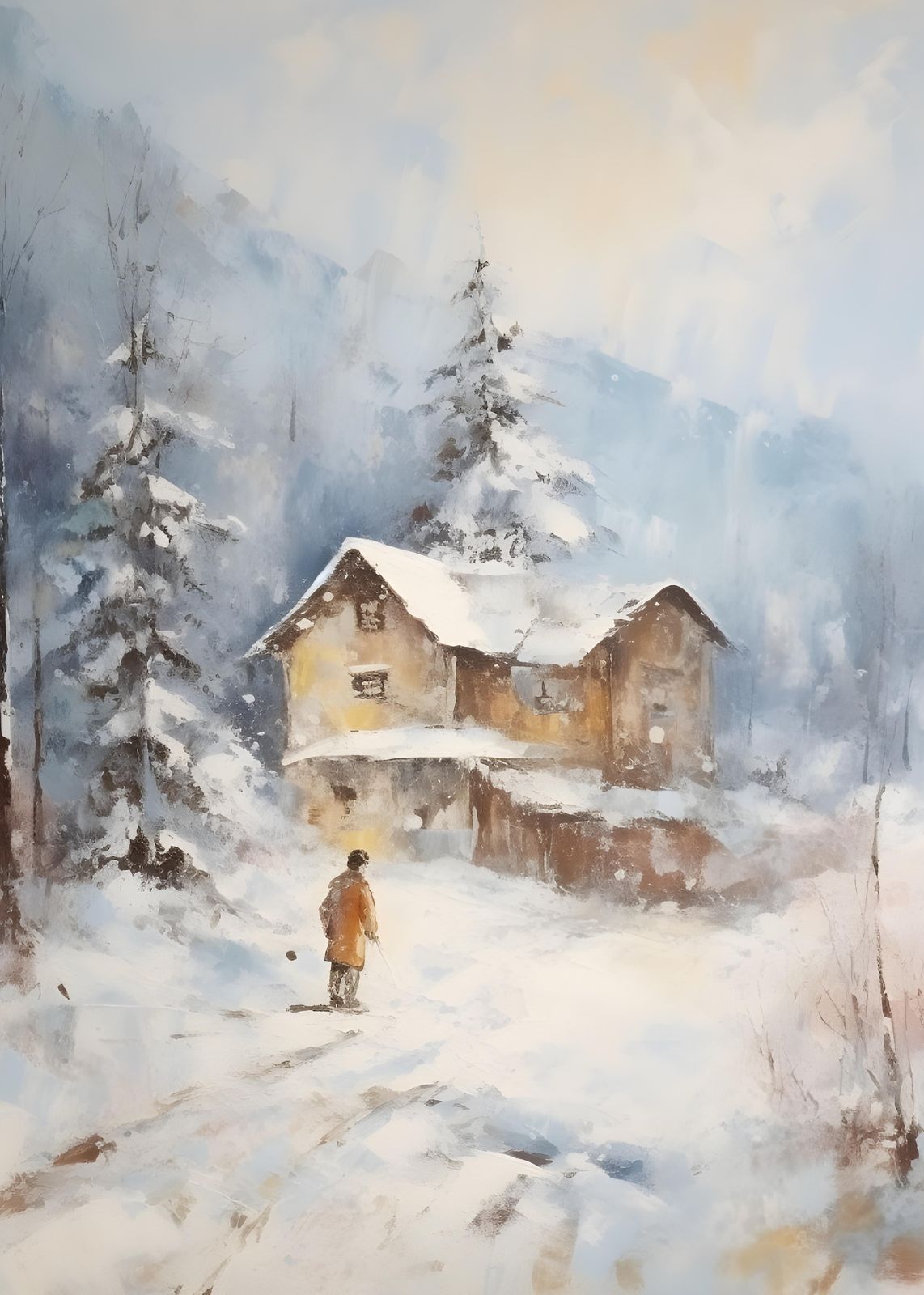 Cozy Winter Cabin Landscape Wall Art