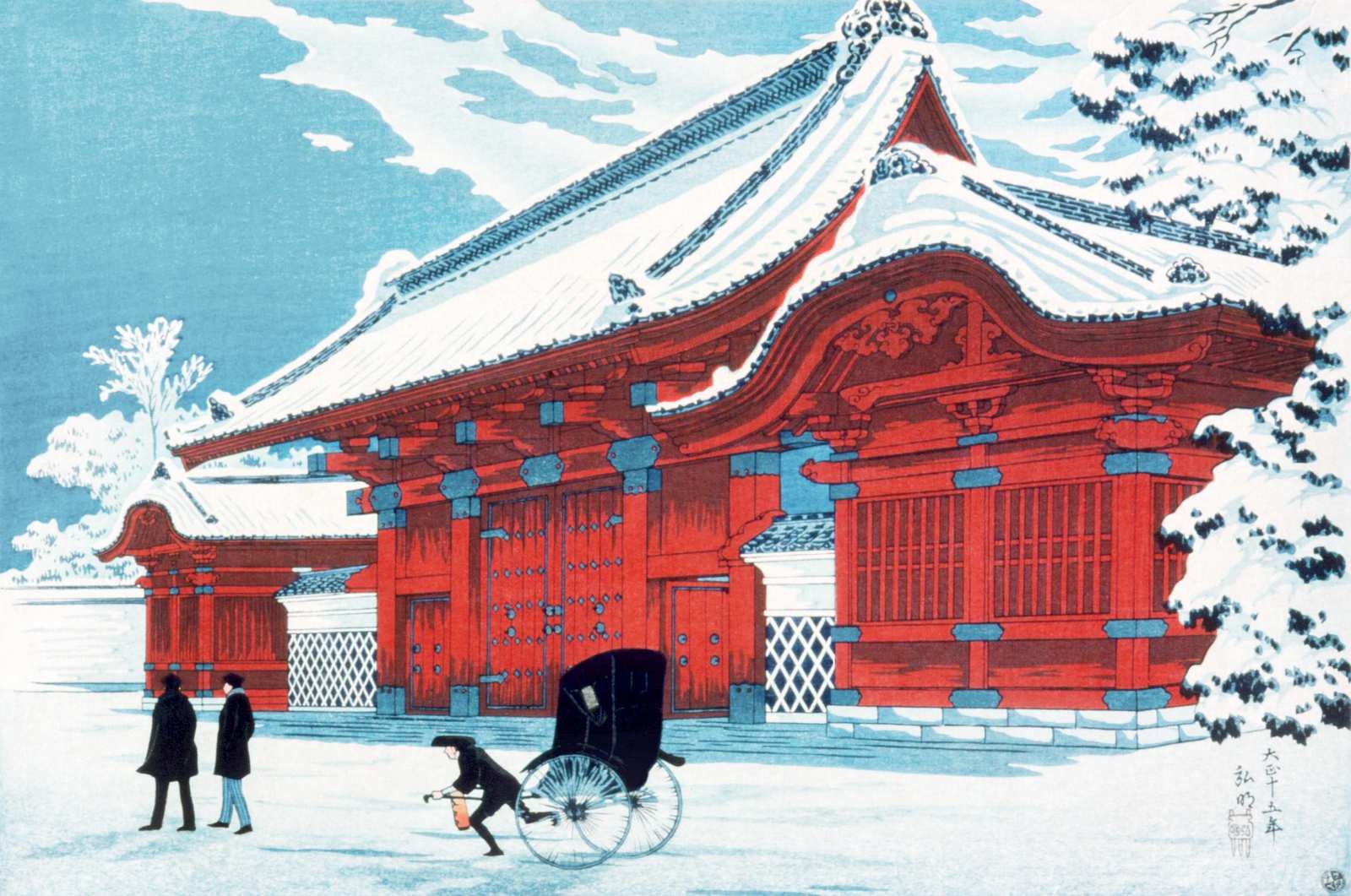 Vibrant Red Temple Snow Scene Wall Art