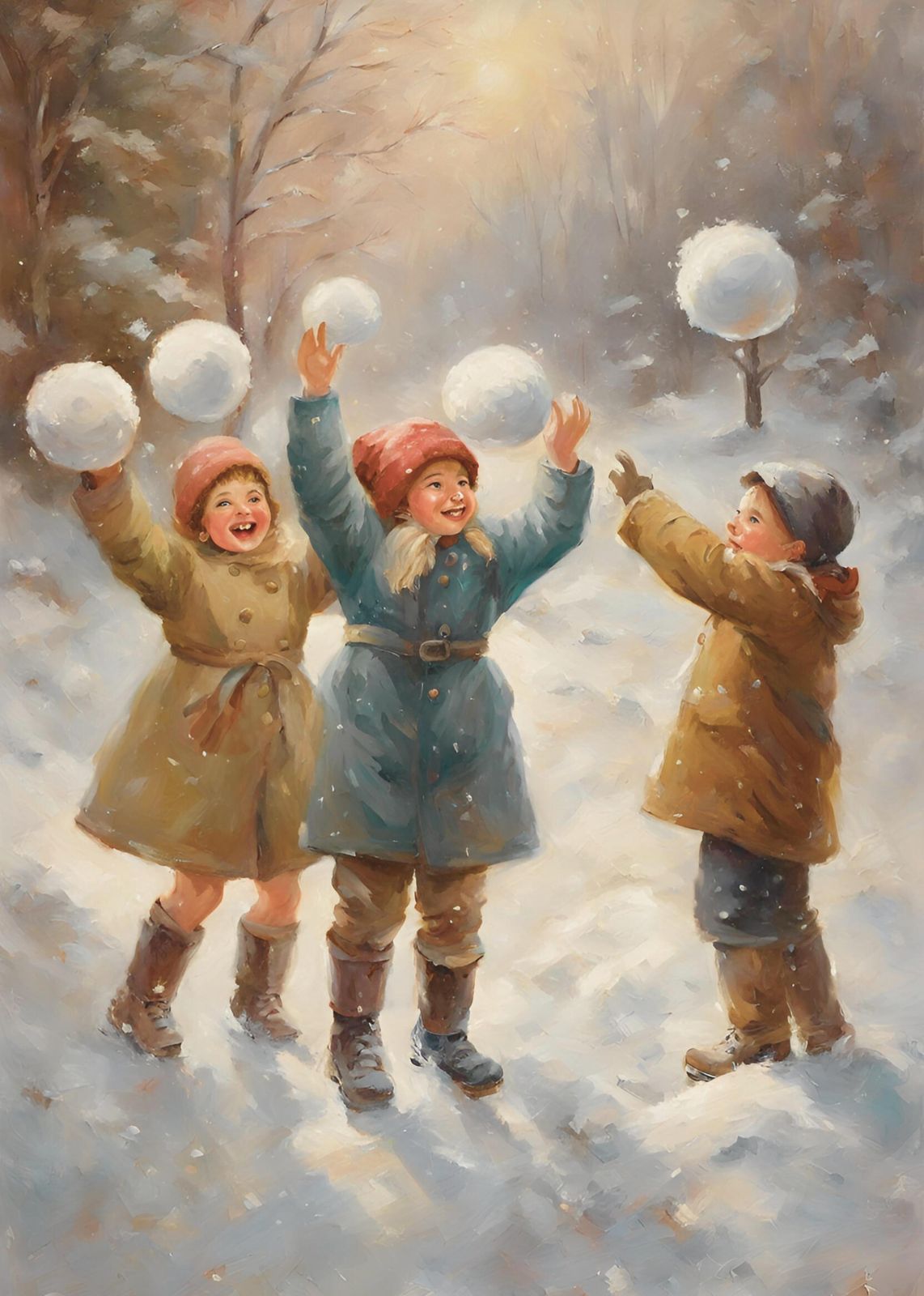 Vintage Snowball Fight Joyful Children Wall Art