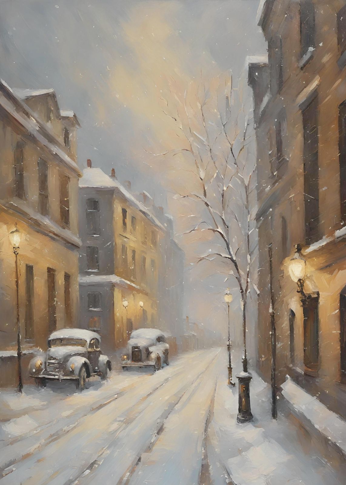 Vintage Snow Scene Cityscape Wall Art
