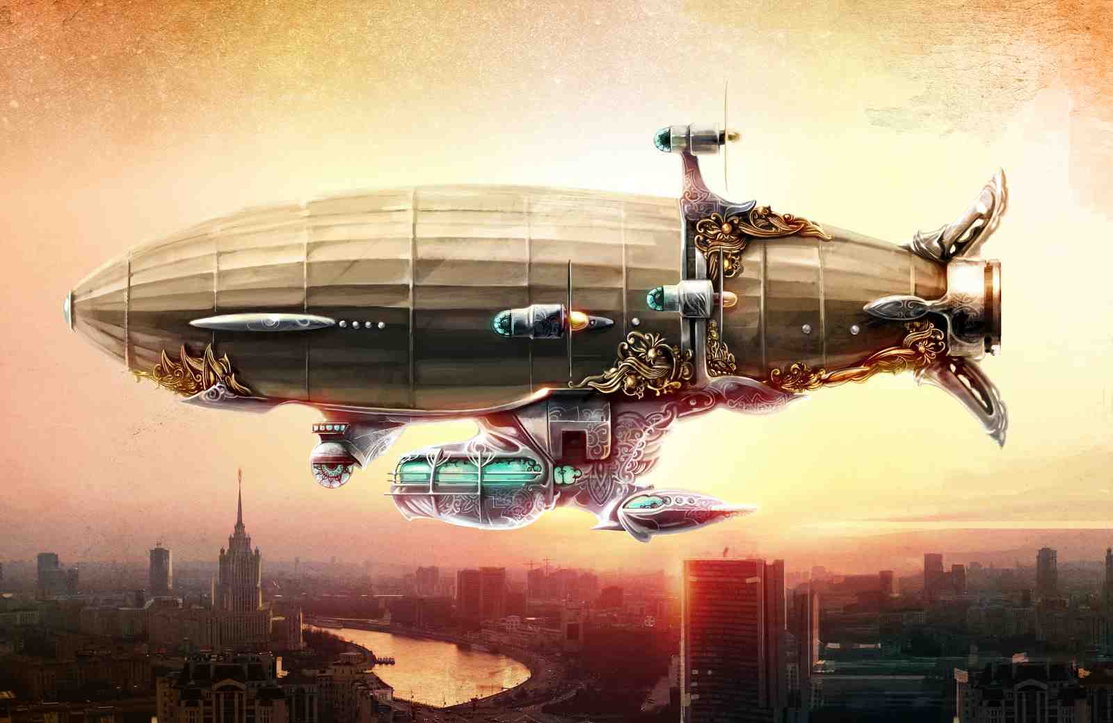 Steampunk Airship Over City Wall Art