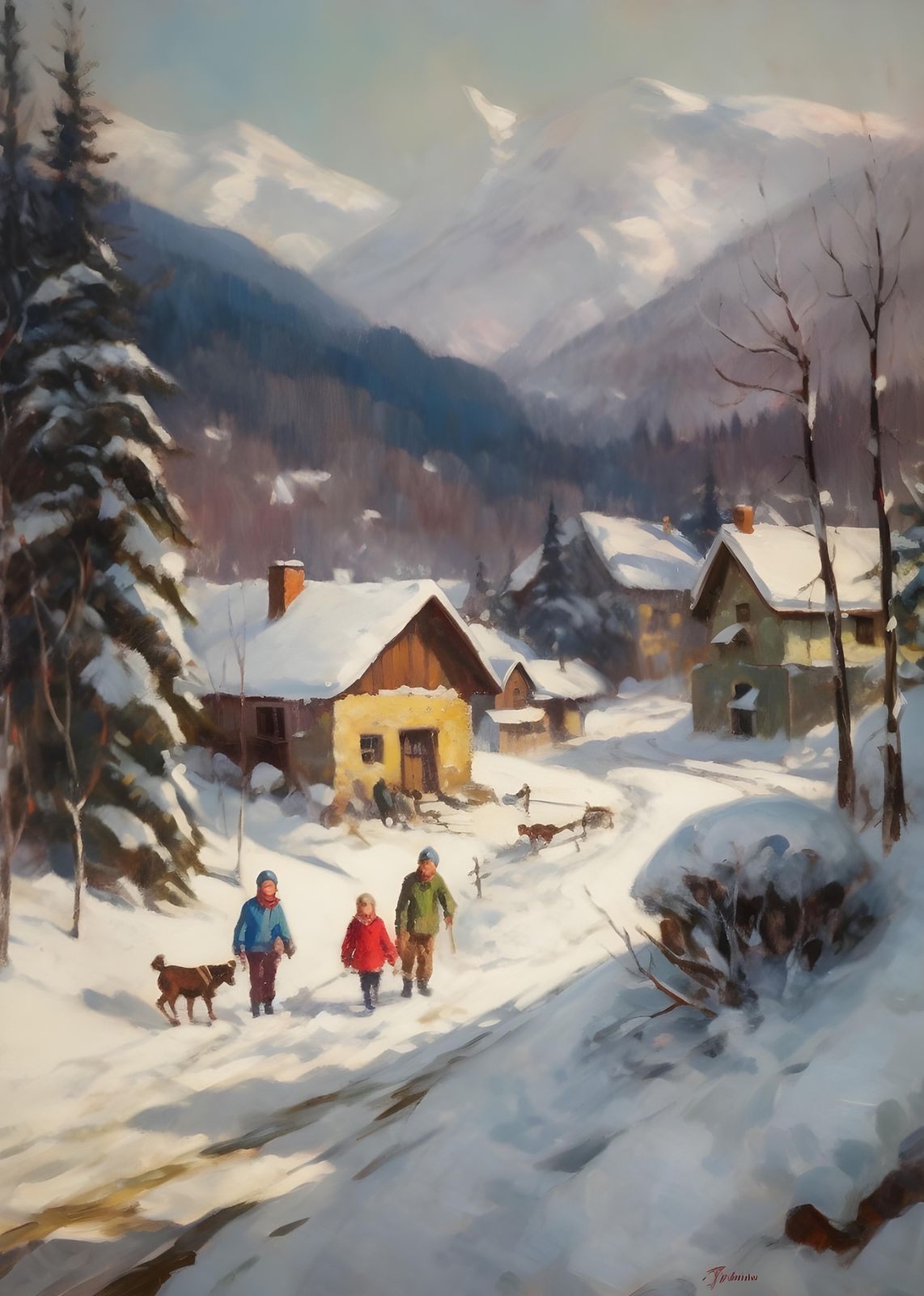 Cozy Winter Village Family Walk Wall Art