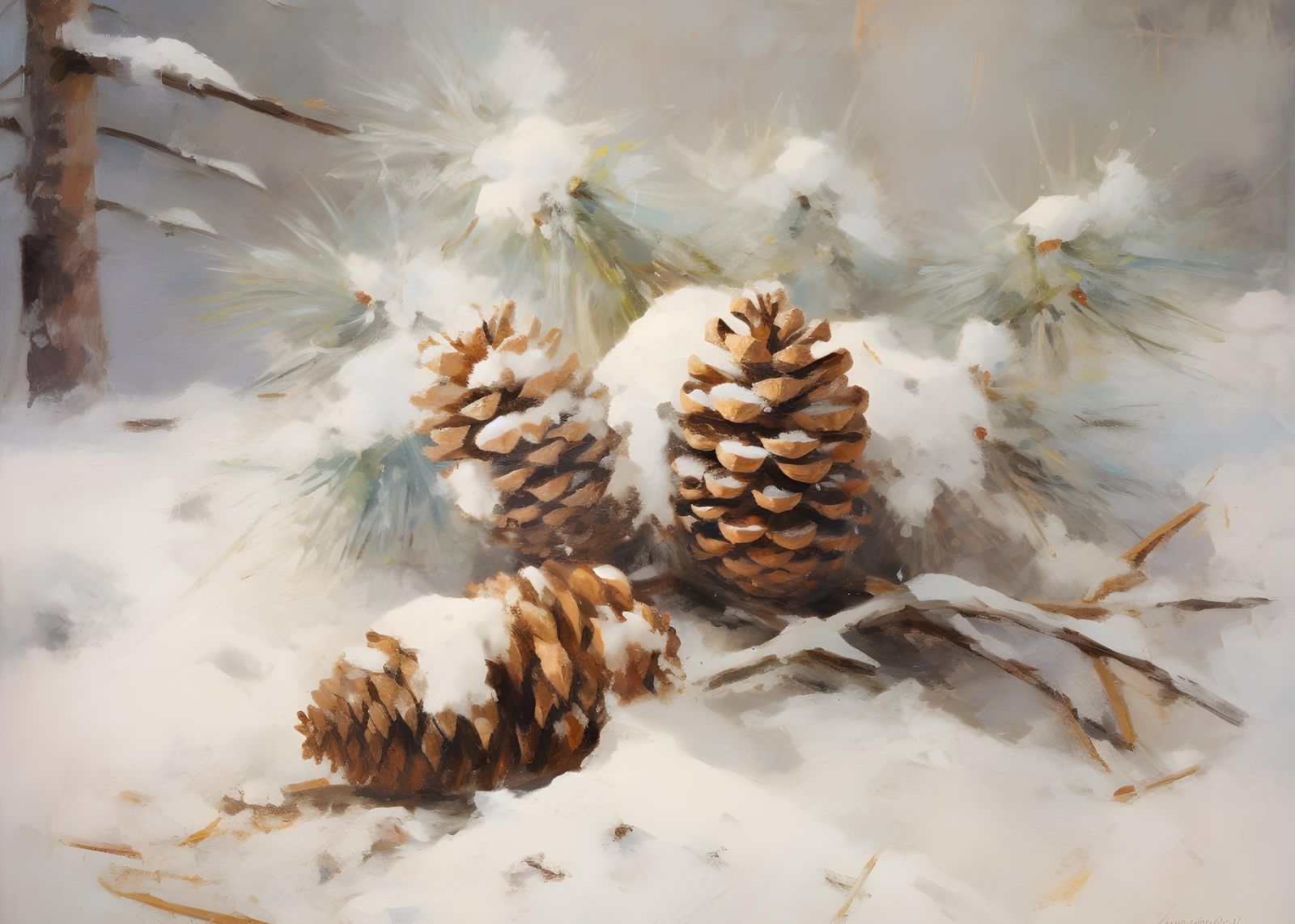 Snowy Pinecones Nature Landscape Wall Art