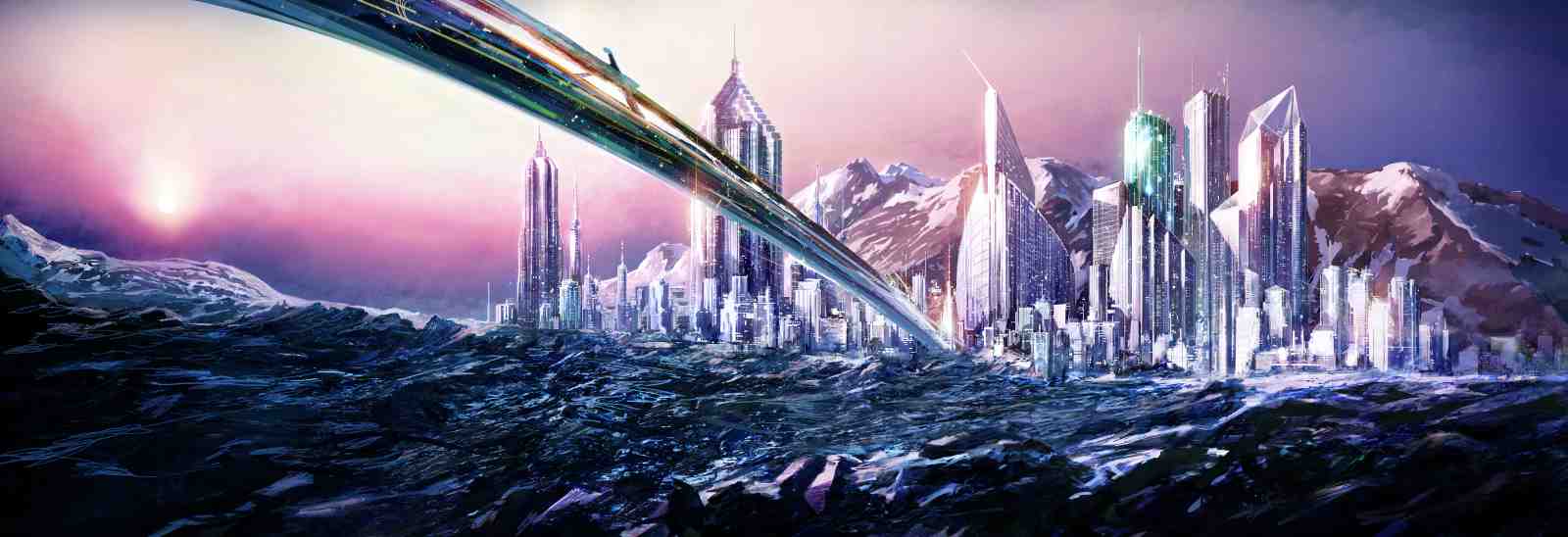 Futuristic City Skyline Mountain View Wall Art