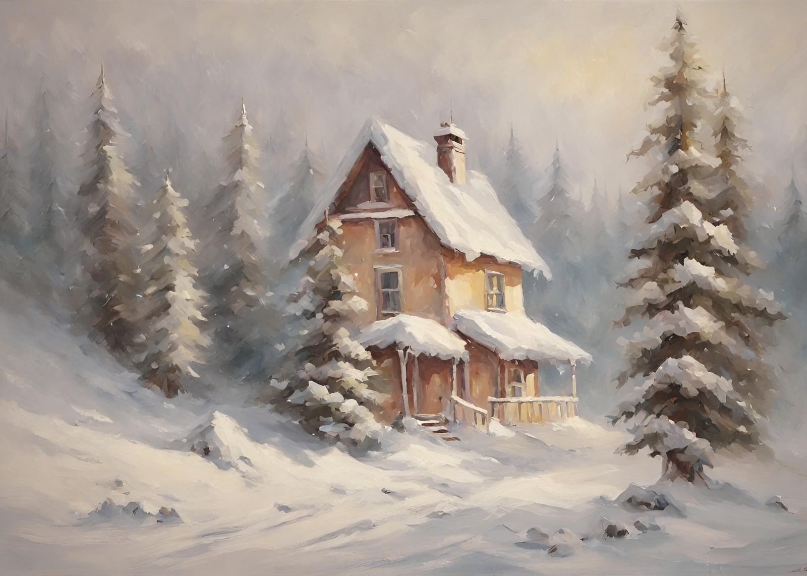 Cozy Winter Cabin Snow Scene Wall Art