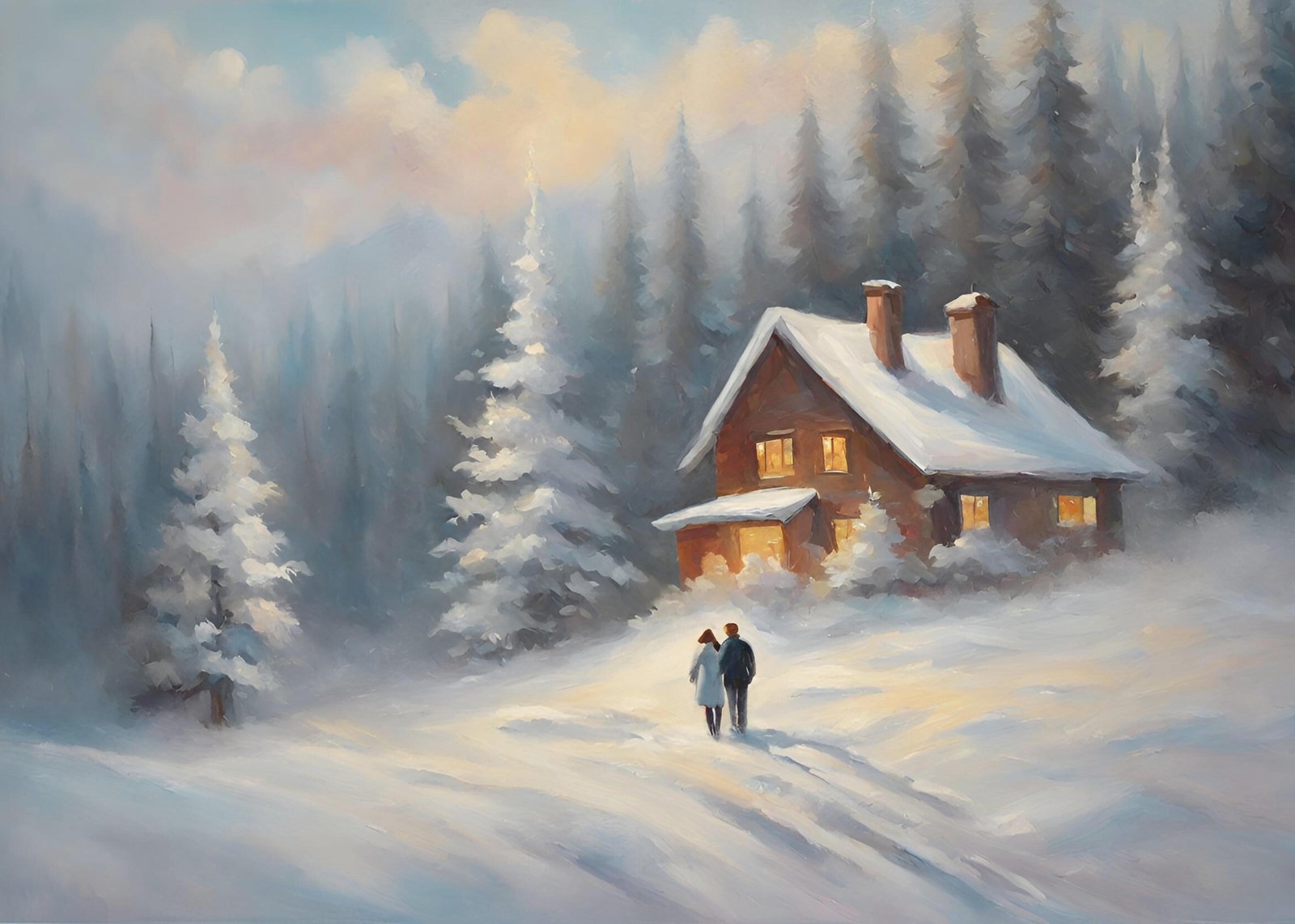 Cozy Winter Cabin Couple Wall Art