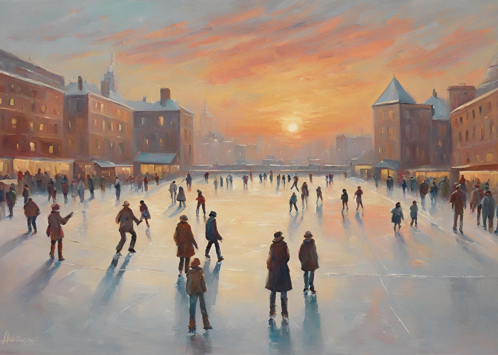 Golden Hour Ice Skating Scene Wall Art