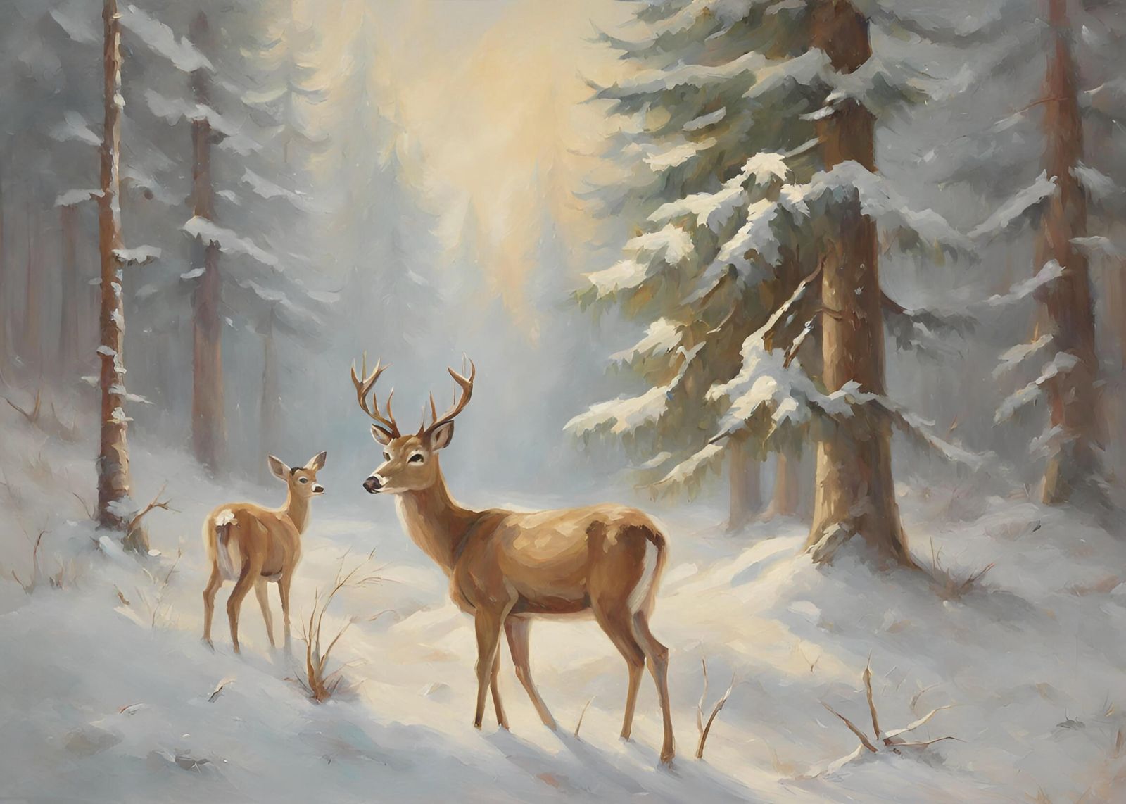 Serene Winter Deer Forest Scene Wall Art