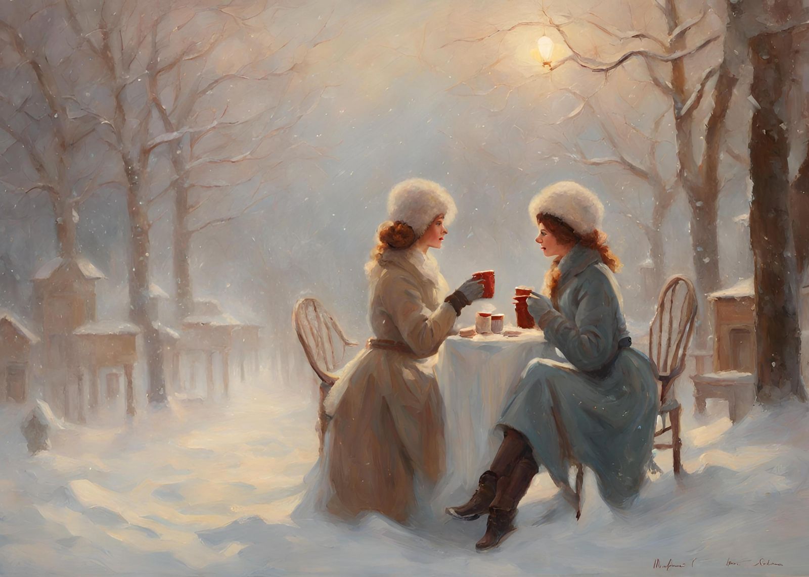 Winter Serenity: Two Women Cafe Wall Art