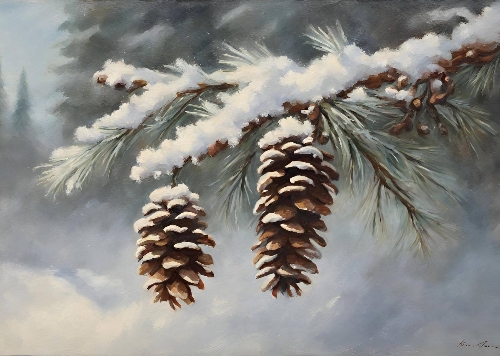 Winter Pine Cone Snow Wall Art - Cozy Nature Art