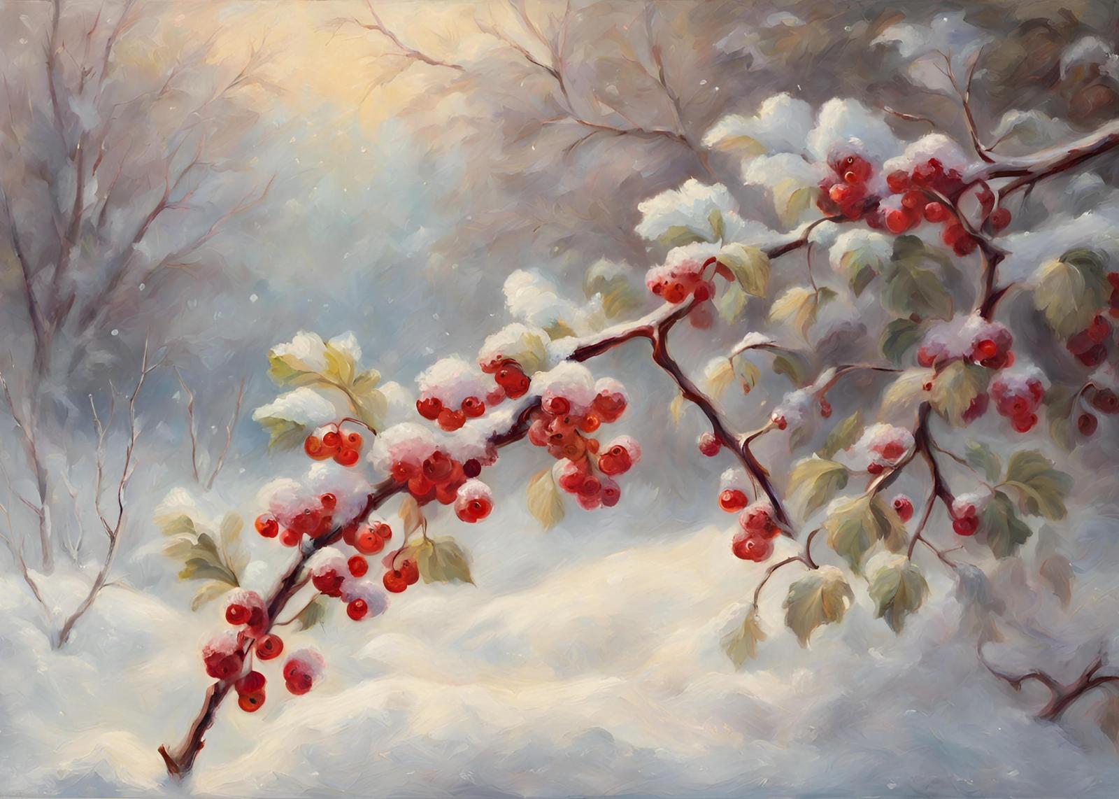 Snowy Red Berries Winter Landscape Wall Art