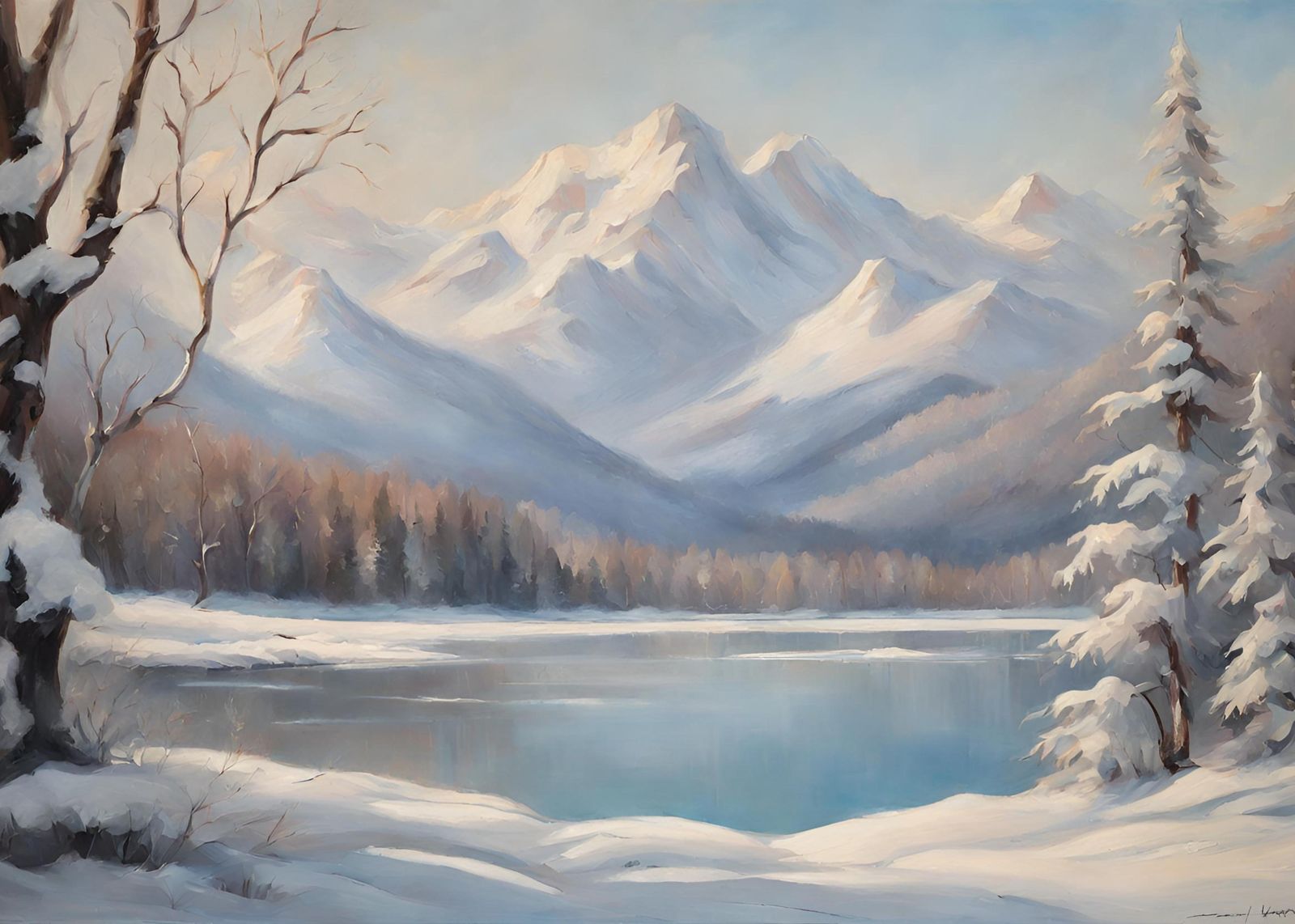 Serene Snowy Mountain Lake Landscape Wall Art