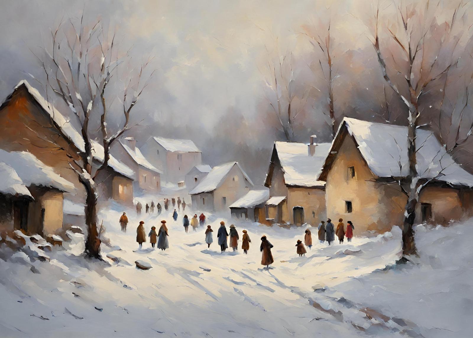 Winter Village Scene Oil Painting Wall Art