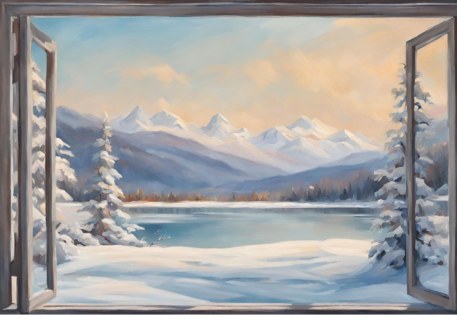 Winter Mountain Lake Window Wall Art