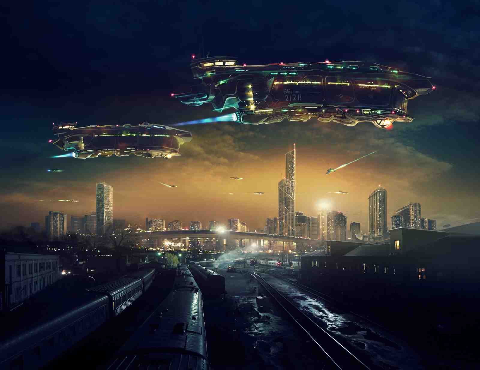 Futuristic Cityscape Sci-Fi Spaceship Wall Art