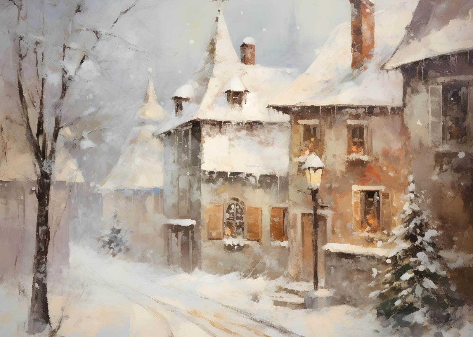 Cozy Winter Village Street Wall Art