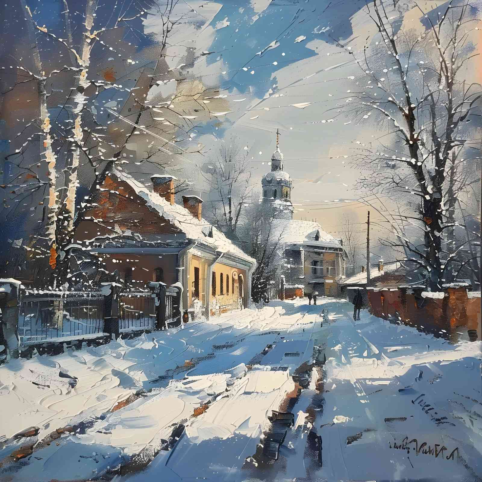 Serene Winter Village Church & Houses Wall Art
