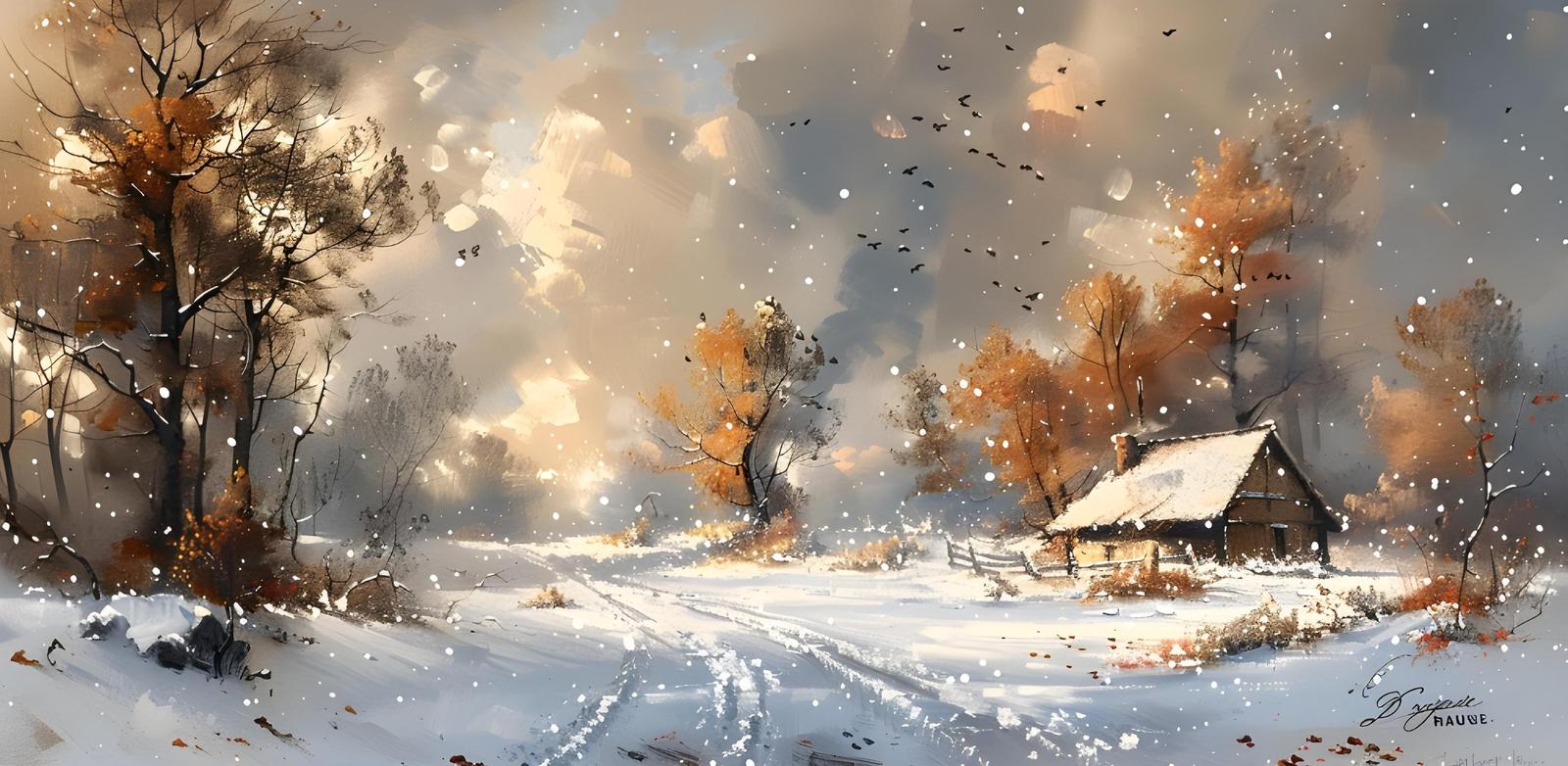 Cozy Winter Cabin Snowfall Landscape Wall Art