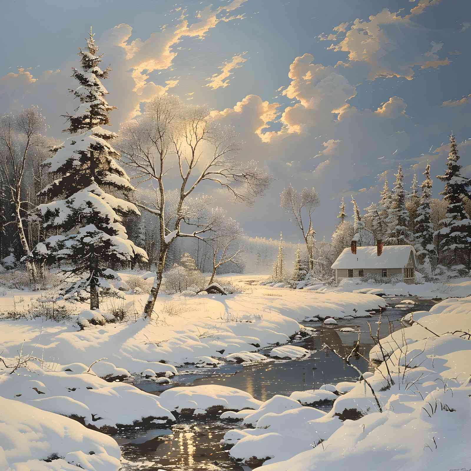 Serene Winter Cabin Landscape Wall Art