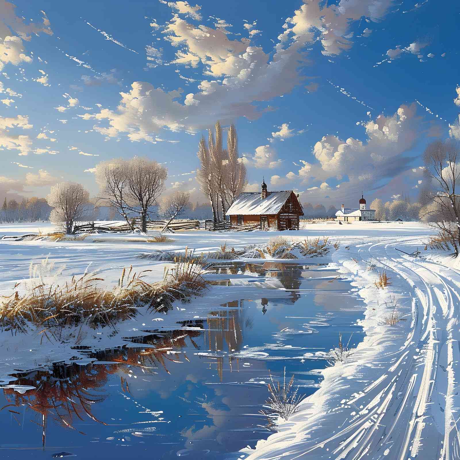 Serene Winter Cabin & Icy Pond Wall Art