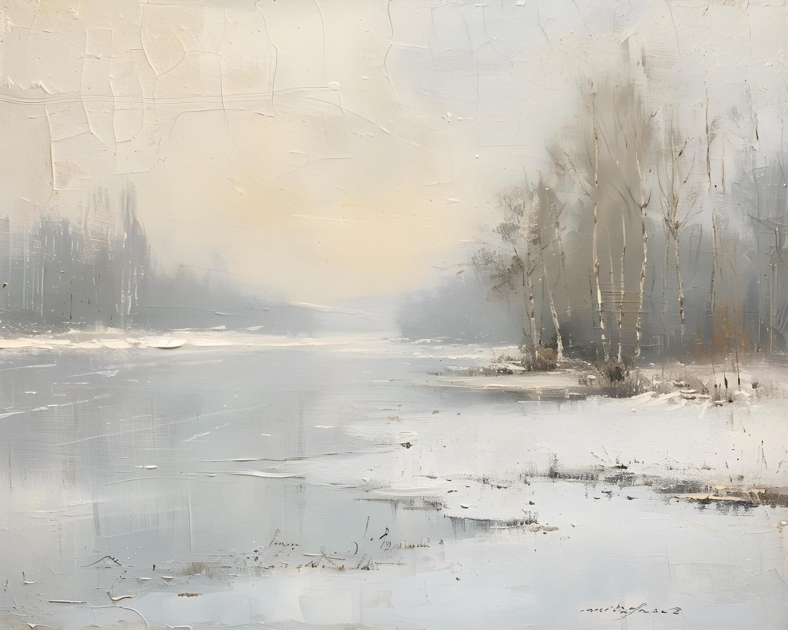 Serene Winter Landscape Oil Painting Wall Art