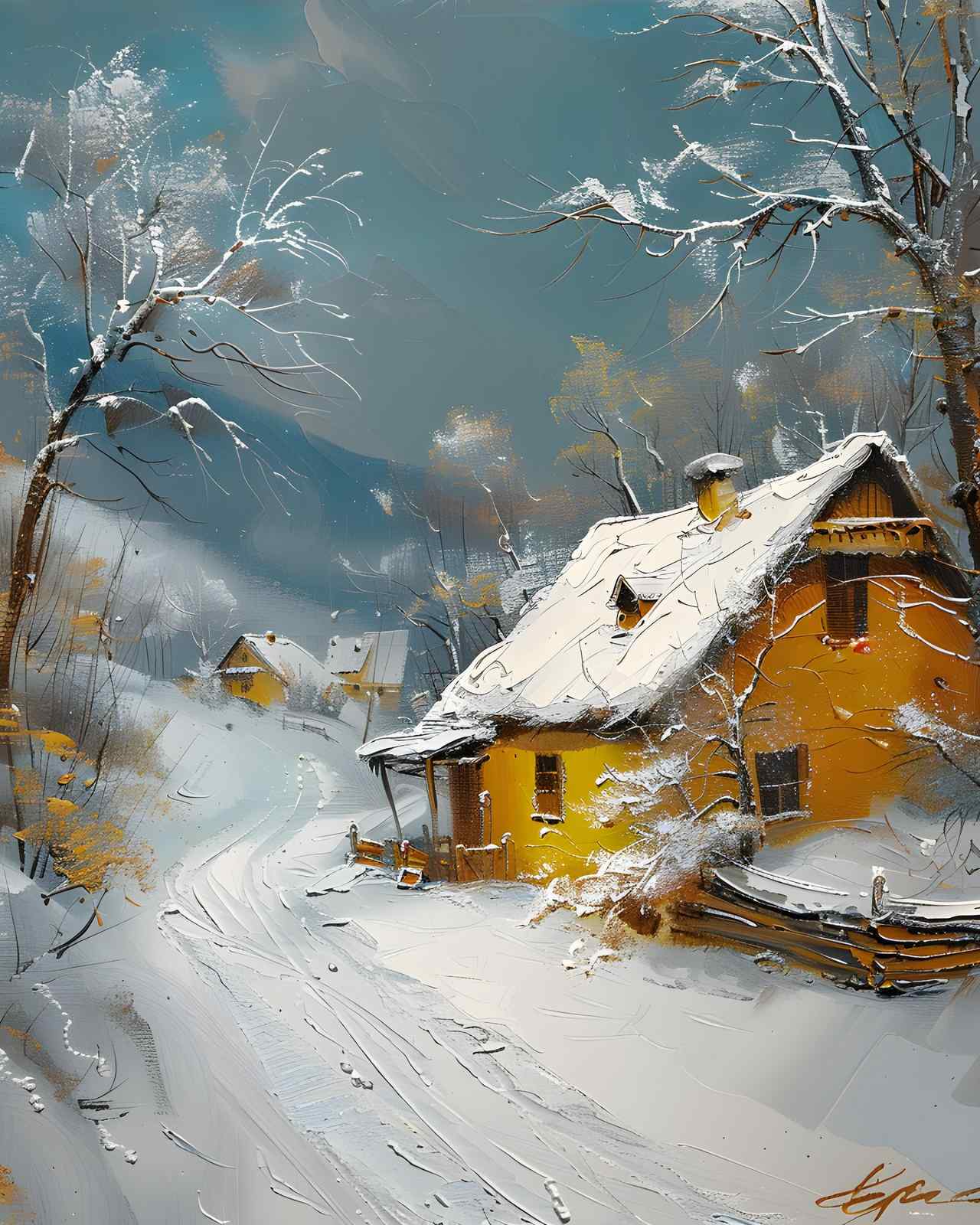 Cozy Winter Cabin Yellow House Wall Art