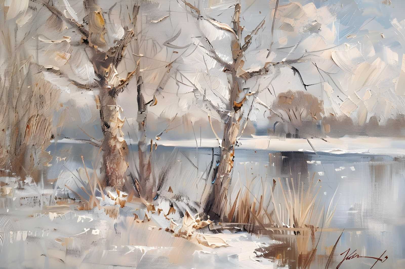Serene Winter Lake Trees Oil Painting Wall Art