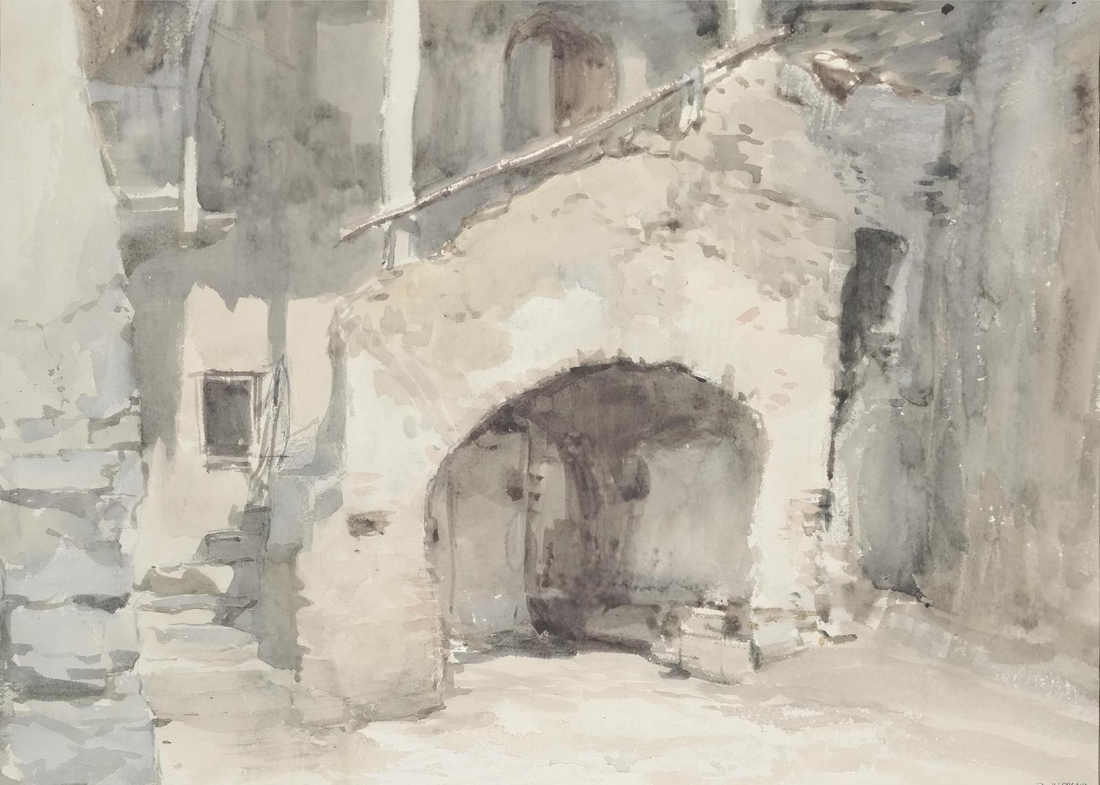 Serene Courtyard Watercolor Wall Art