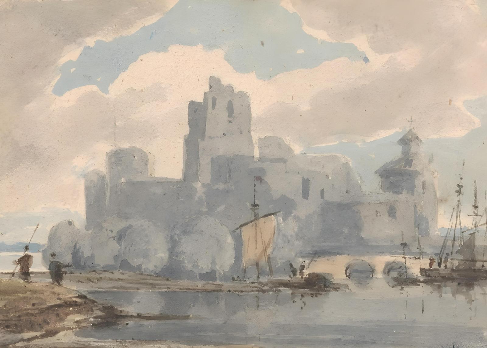 Serene Castle & Harbor Watercolor Wall Art