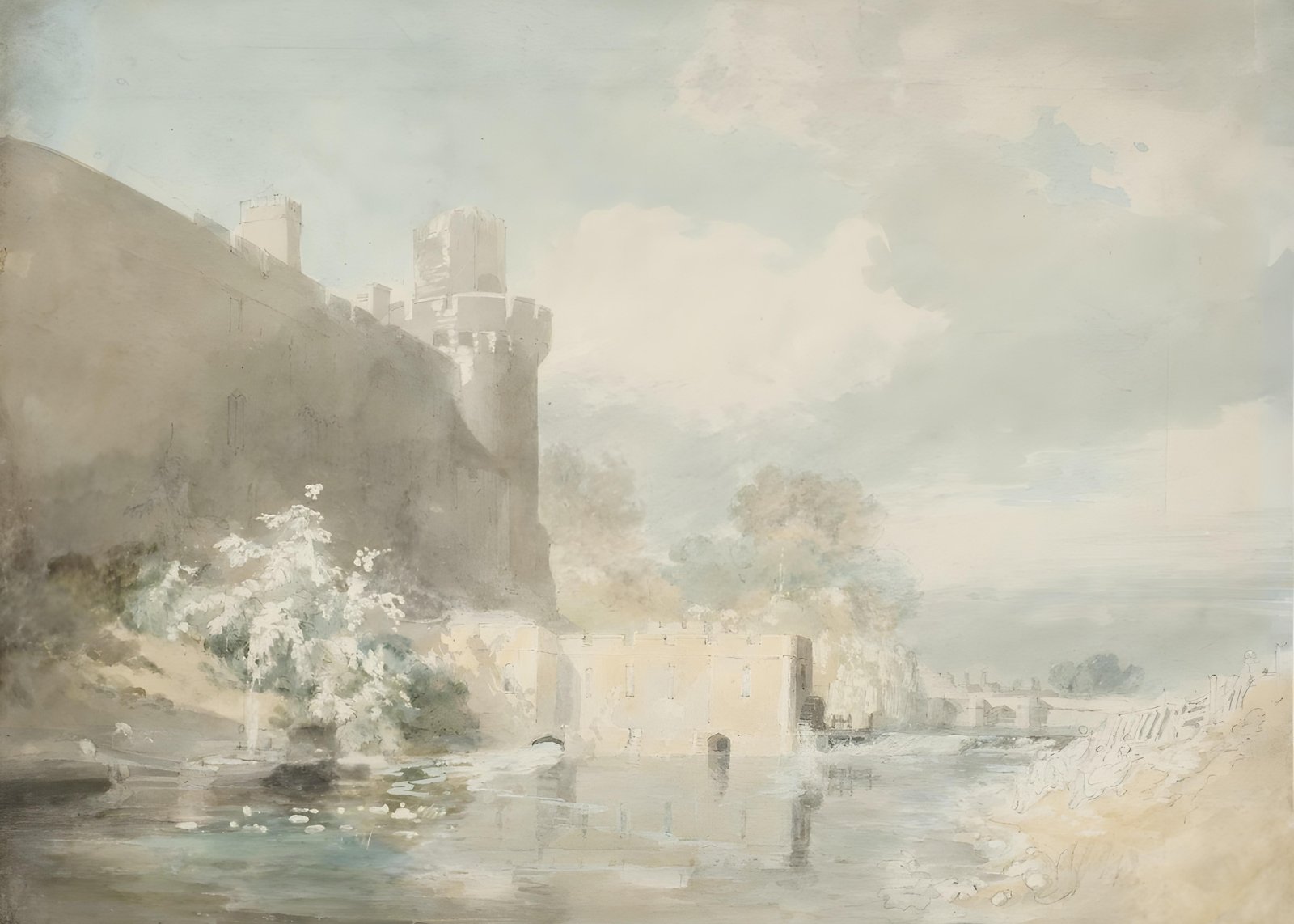 Serene Castle Landscape Watercolor Wall Art