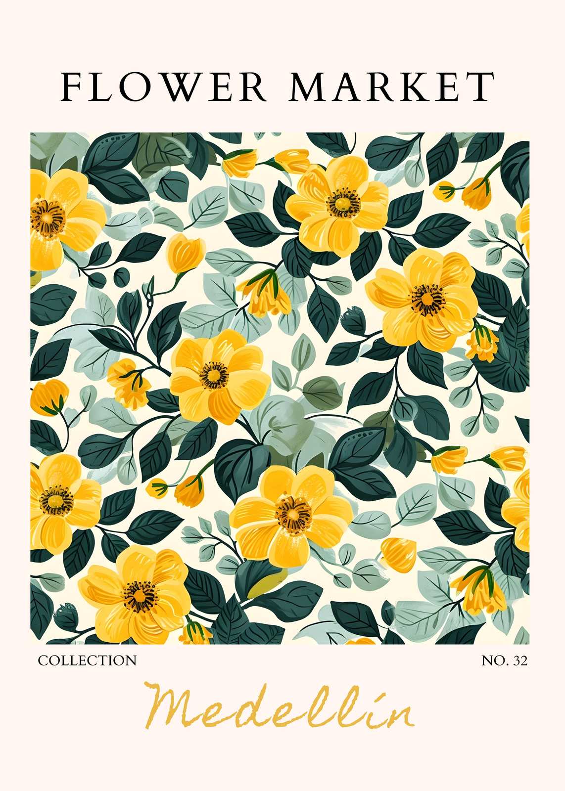 Vibrant Yellow Floral "Flower Market" Wall Art