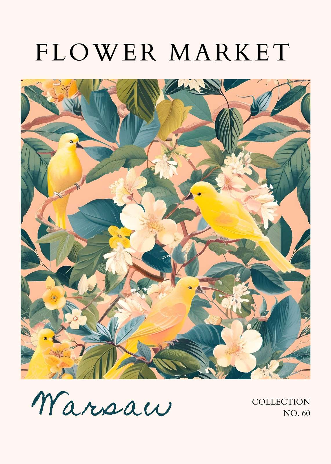Vibrant Yellow Birds Floral Market Wall Art