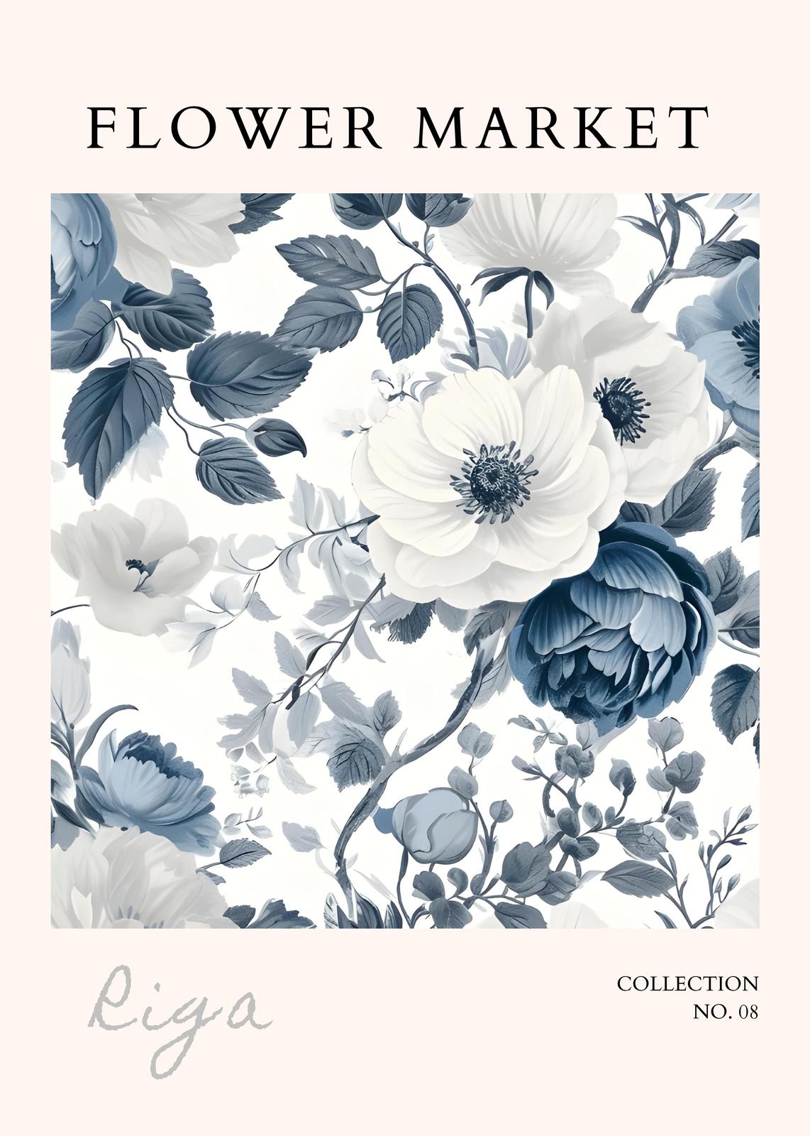 Vintage Floral Garden Wall Art - Blue & White