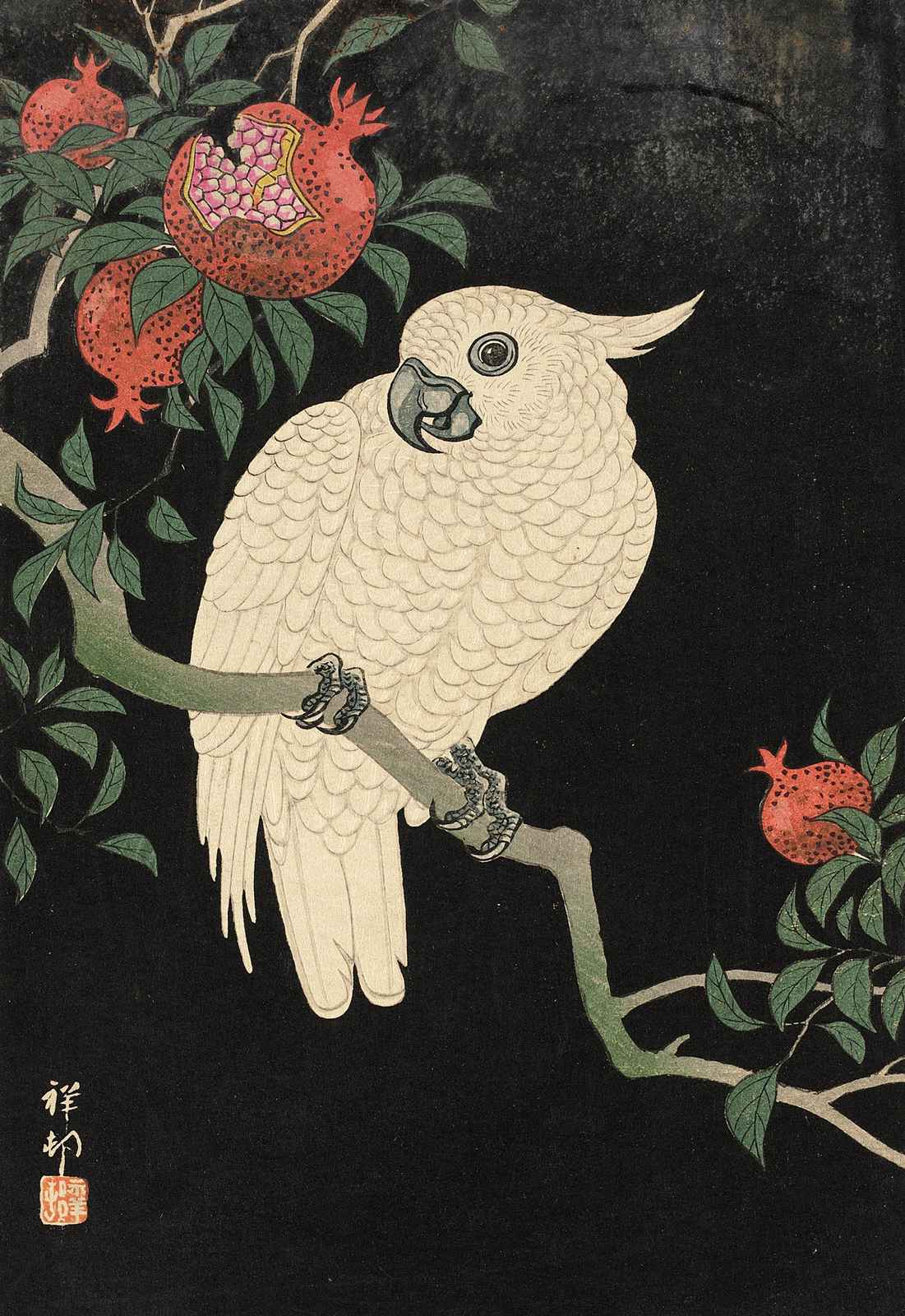 Elegant Cockatoo & Pomegranate Japanese Art Wall Art