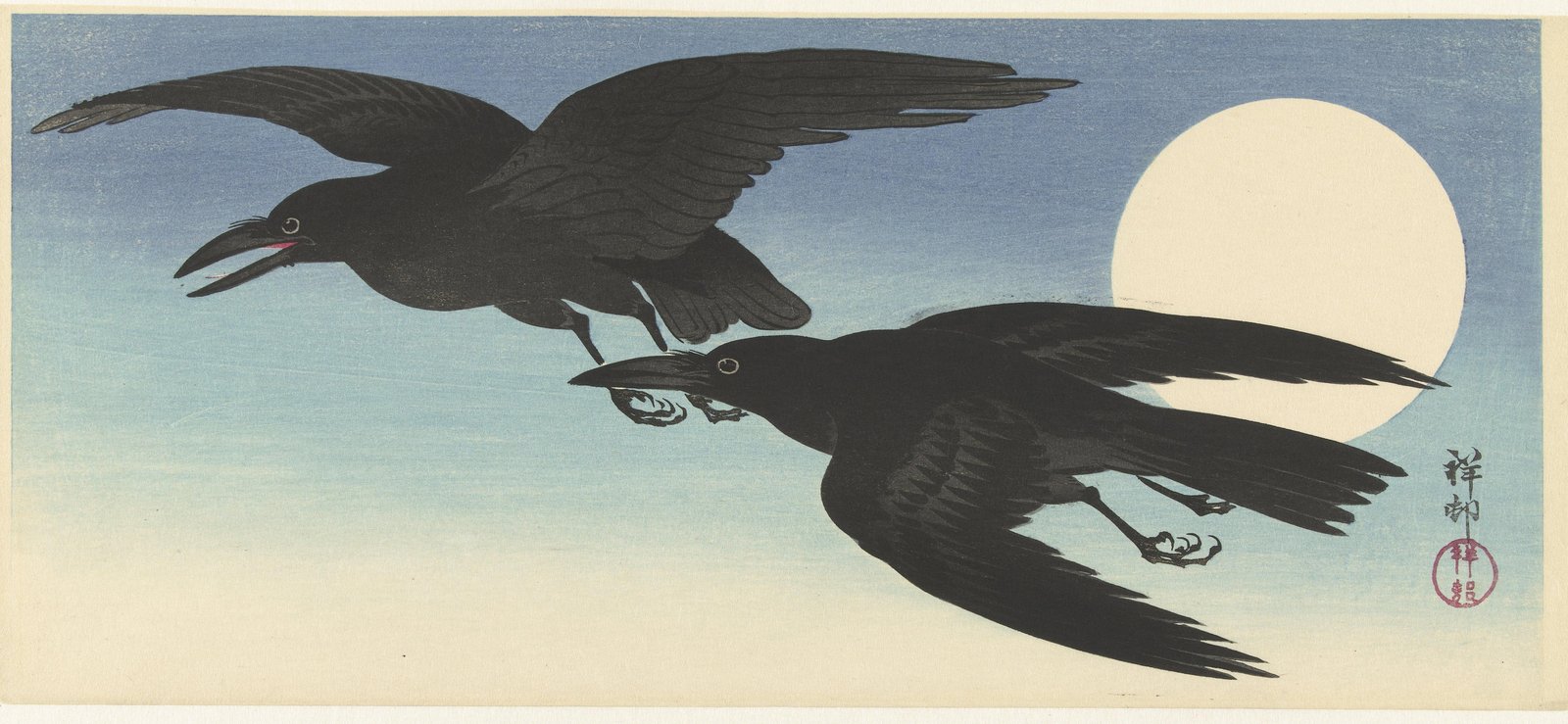 Two Crows Moonlit Flight Japanese Wall Art