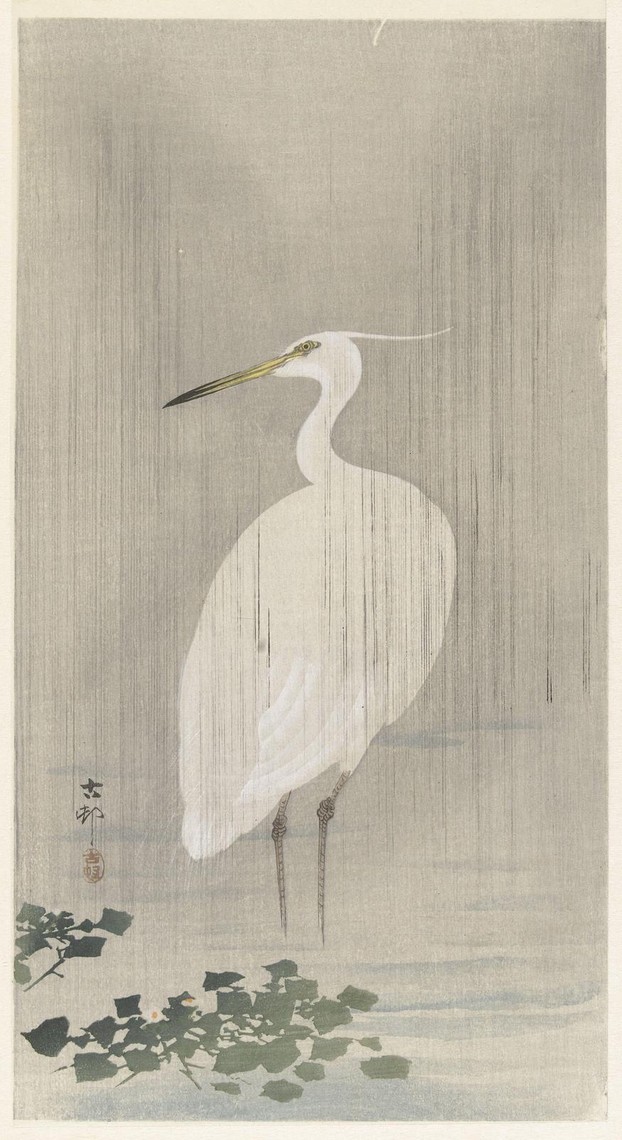 Serene Egret in Rain Japanese Art Wall Art