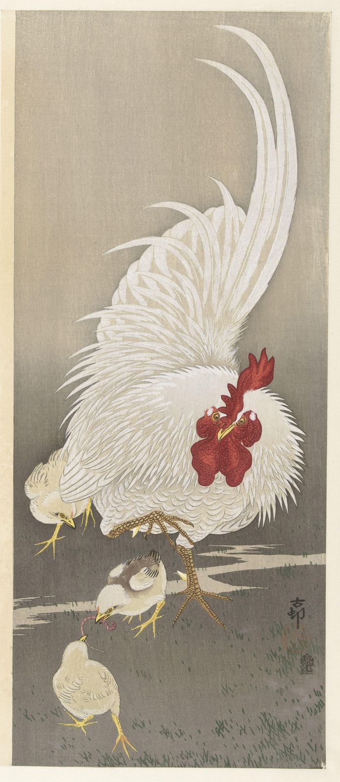 Elegant White Rooster & Chicks Japanese Art Wall Art