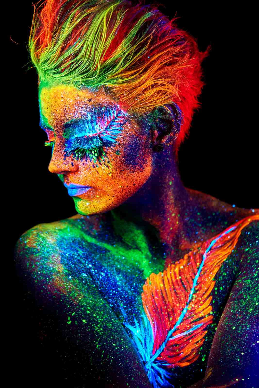 Vibrant Neon Face Art Feather Wall Art