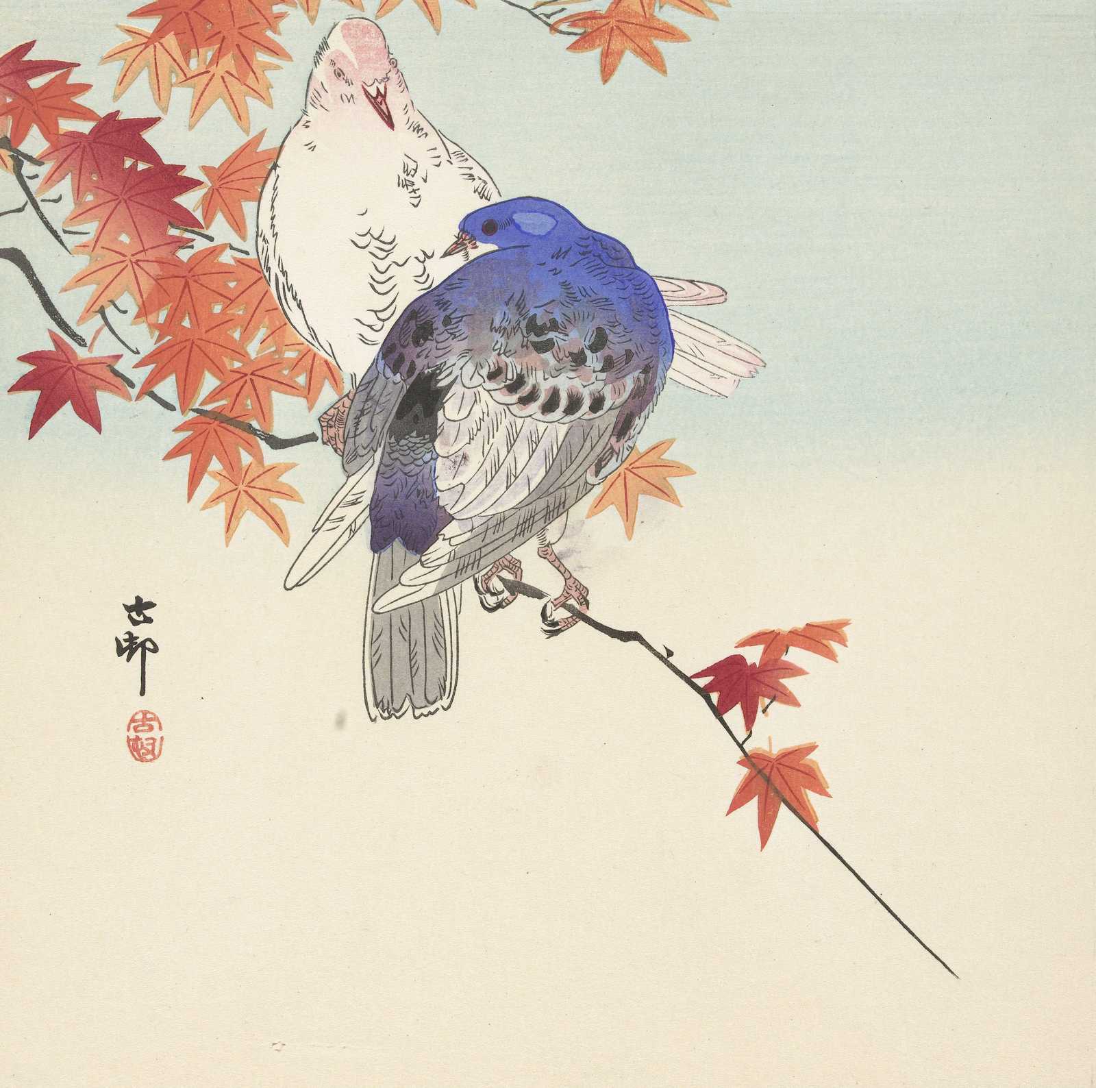 Japanese Birds & Maple Leaves Wall Art