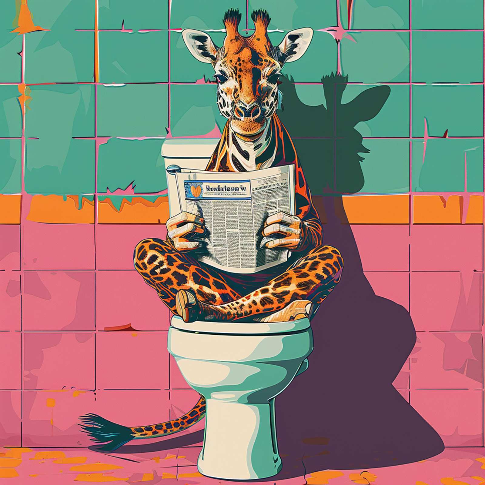 Humorous Giraffe Reading on Toilet Wall Art