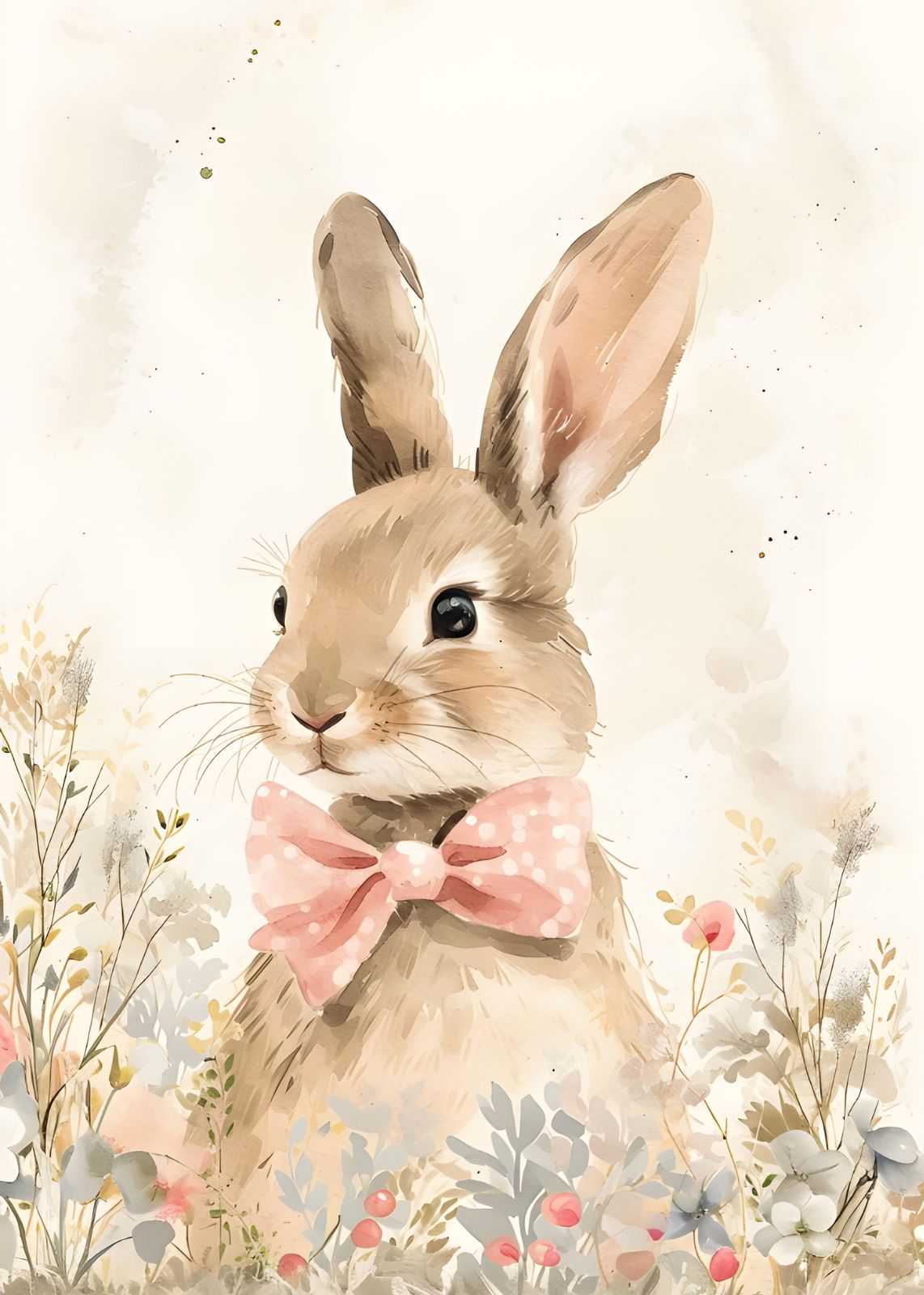 Charming Bunny with Pink Bow Watercolor Wall Art