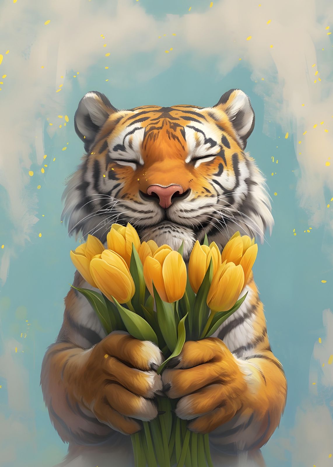 Gentle Tiger with Tulips Wall Art