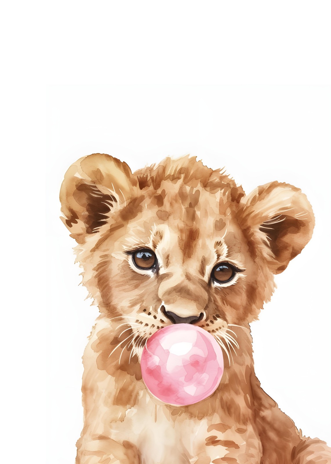 Cute Lion Cub Bubble Gum Watercolor Wall Art
