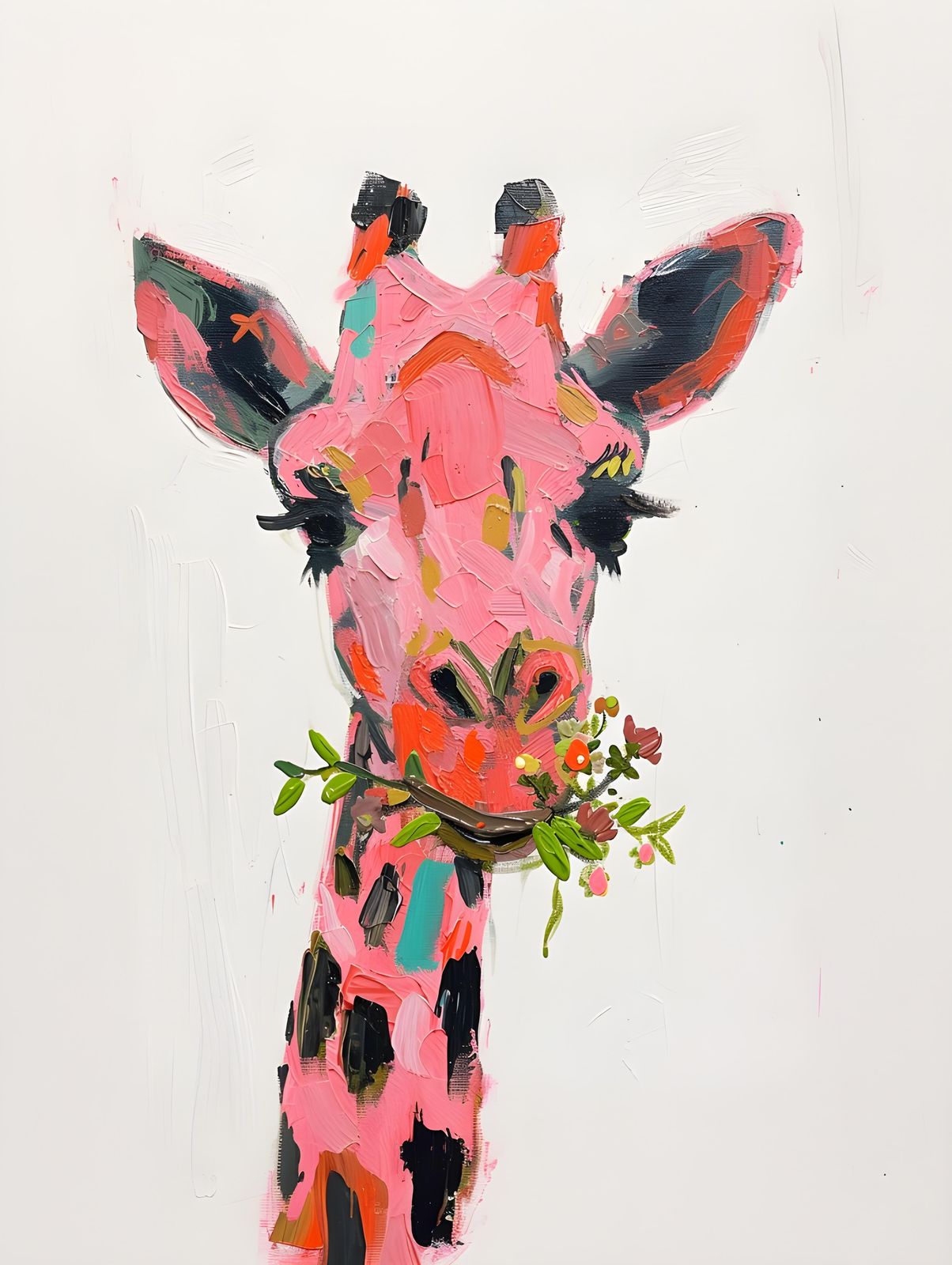 Whimsical Pink Giraffe with Flowers Wall Art