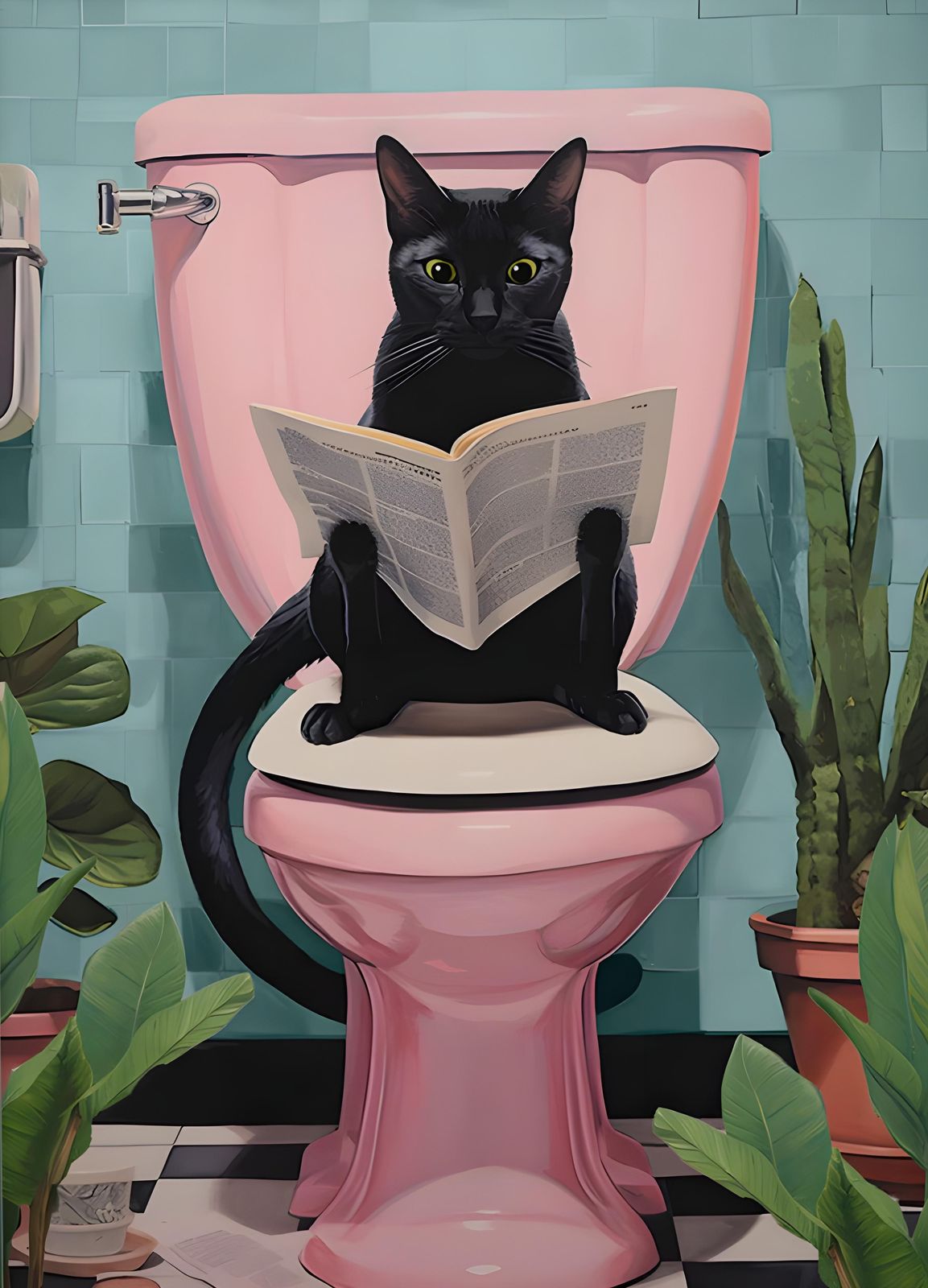 Humorous Black Cat Reading Toilet Wall Art