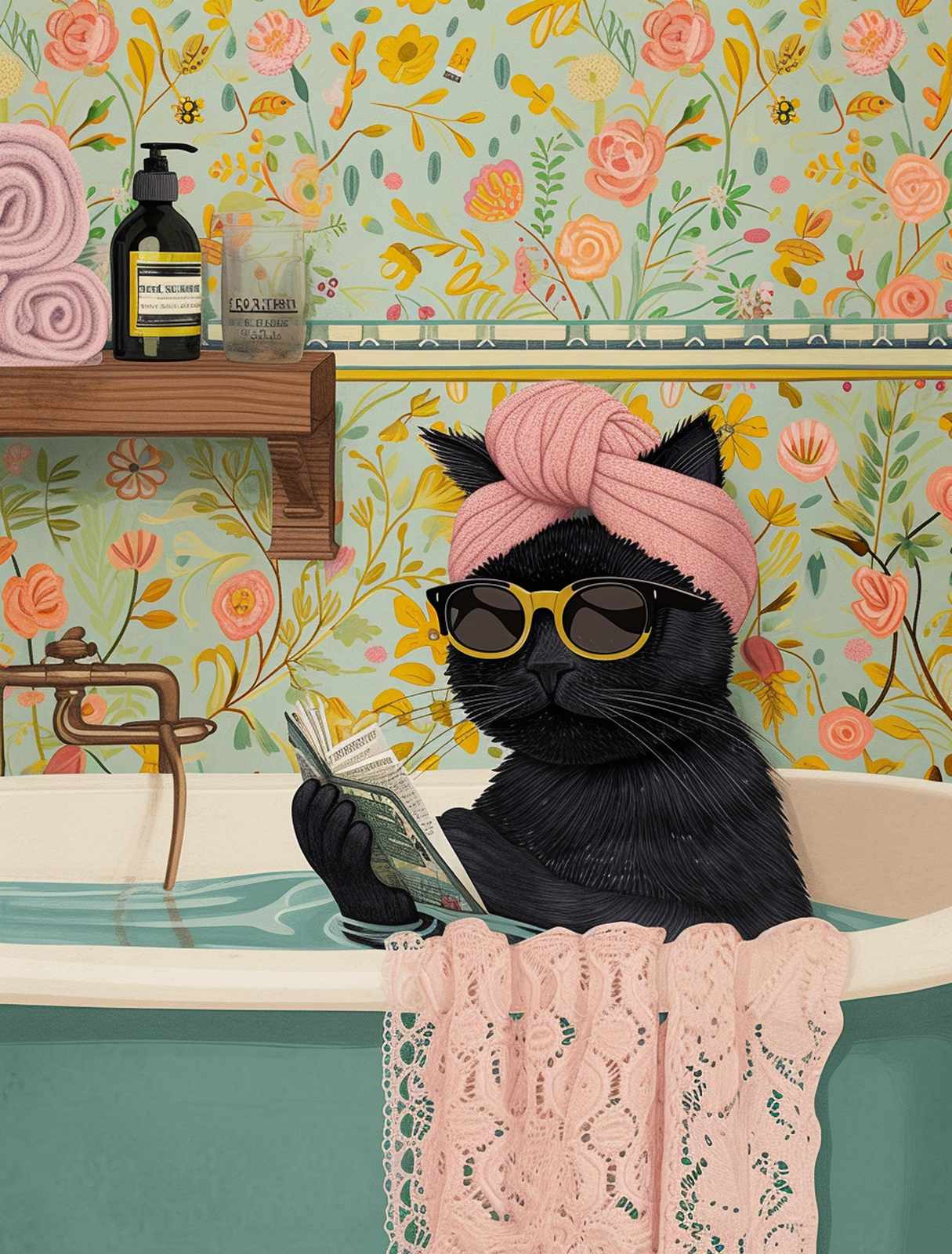 Humorous Black Cat Spa Day Wall Art