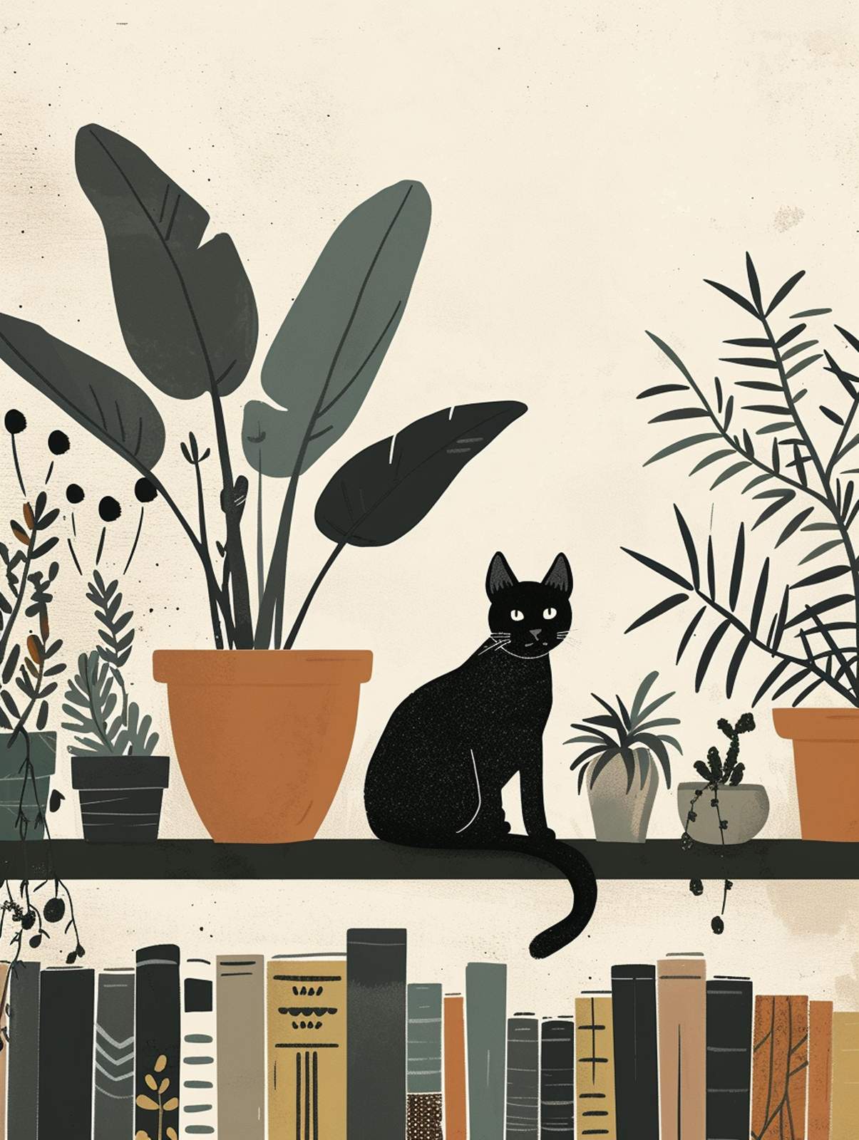 Cozy Black Cat & Plants Wall Art
