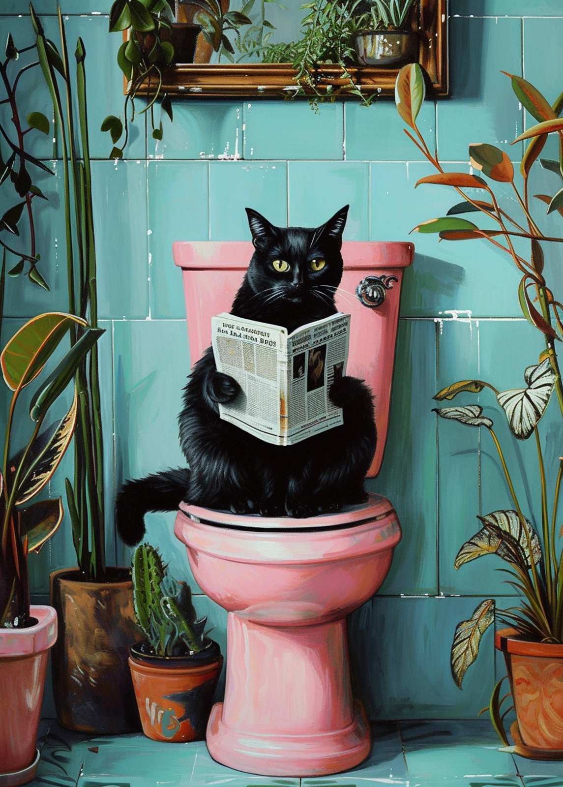 Whimsical Black Cat Reading Newspaper Wall Art